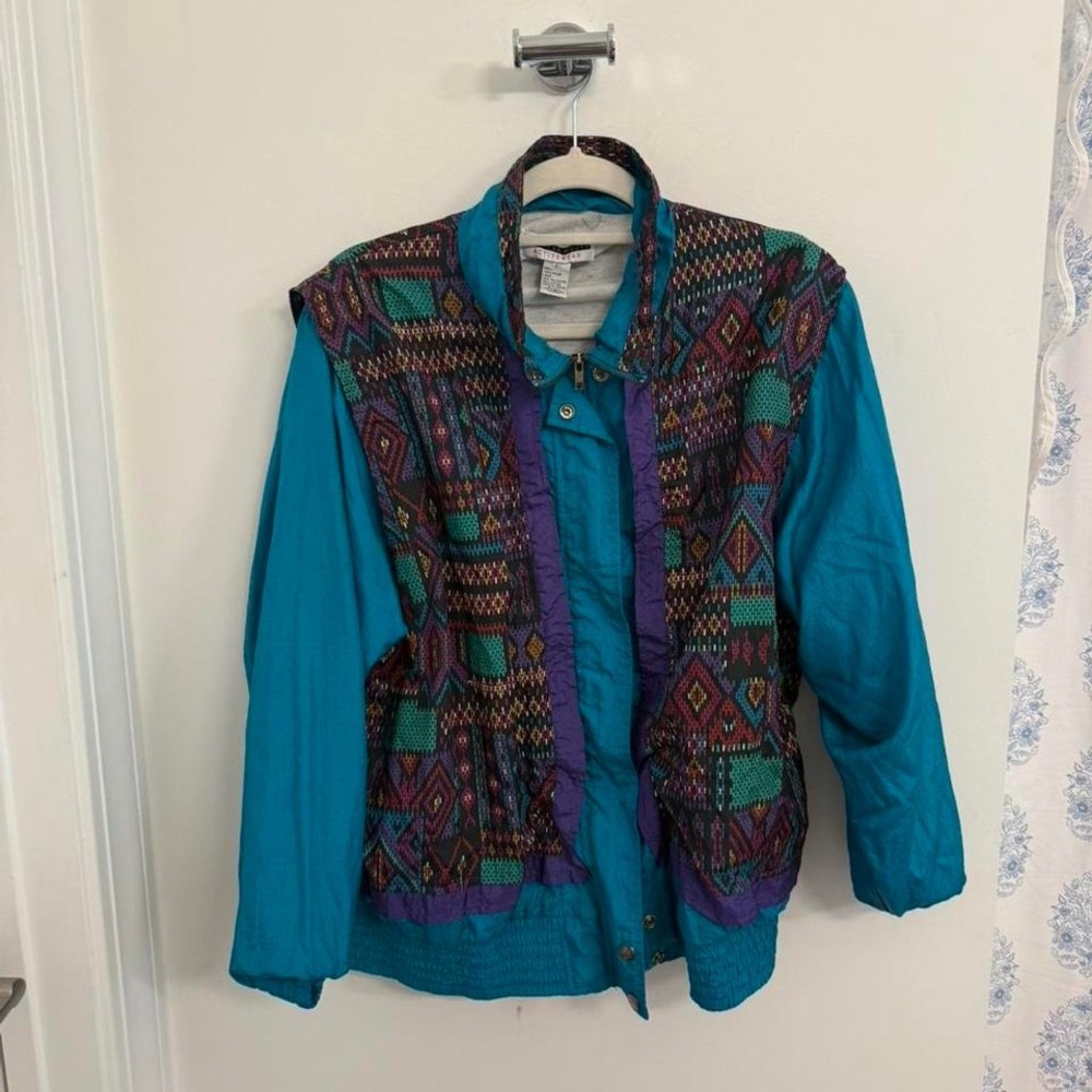 Vintage 90s Jennifer Moore Activewear teal &β aztec print windbreaker jacket - Picture 3 of 5